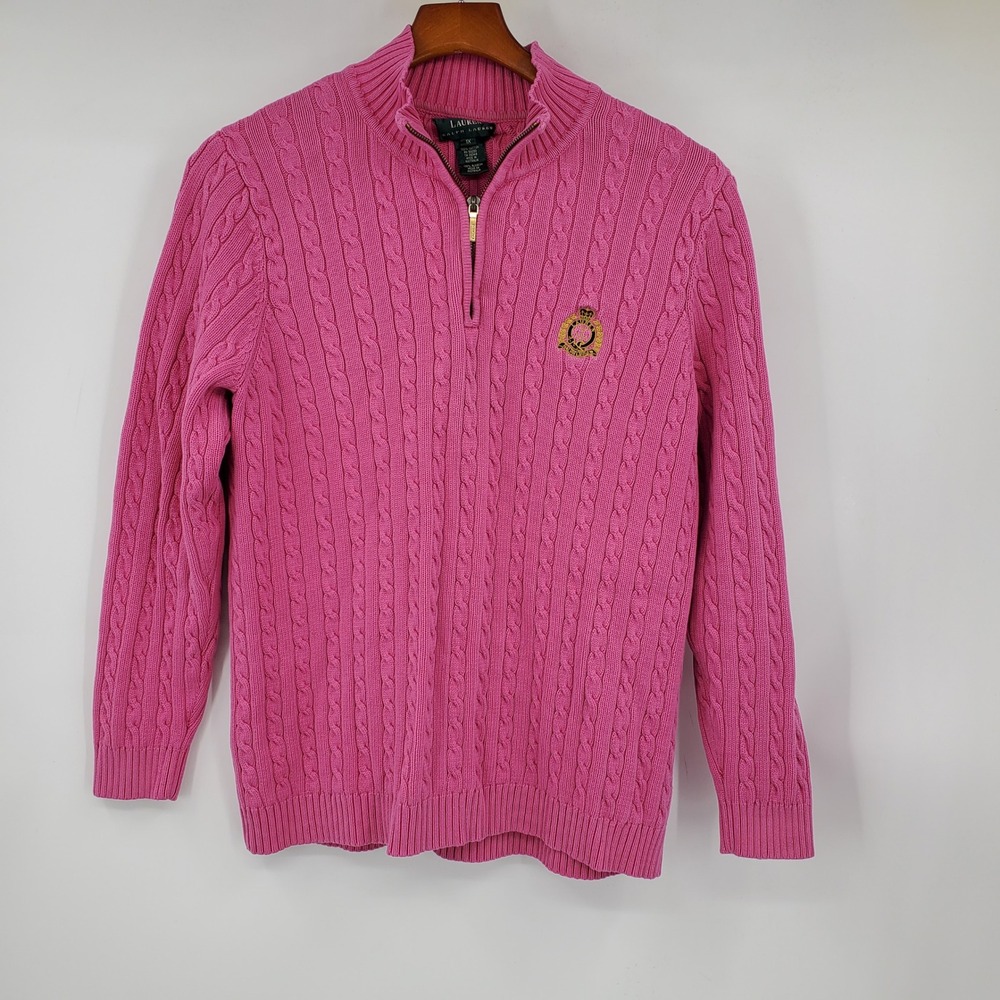 Lauren Ralph Lauren Pink Cable Knit Quarter Zip Crest Logo Sweater 1X Vintage 90